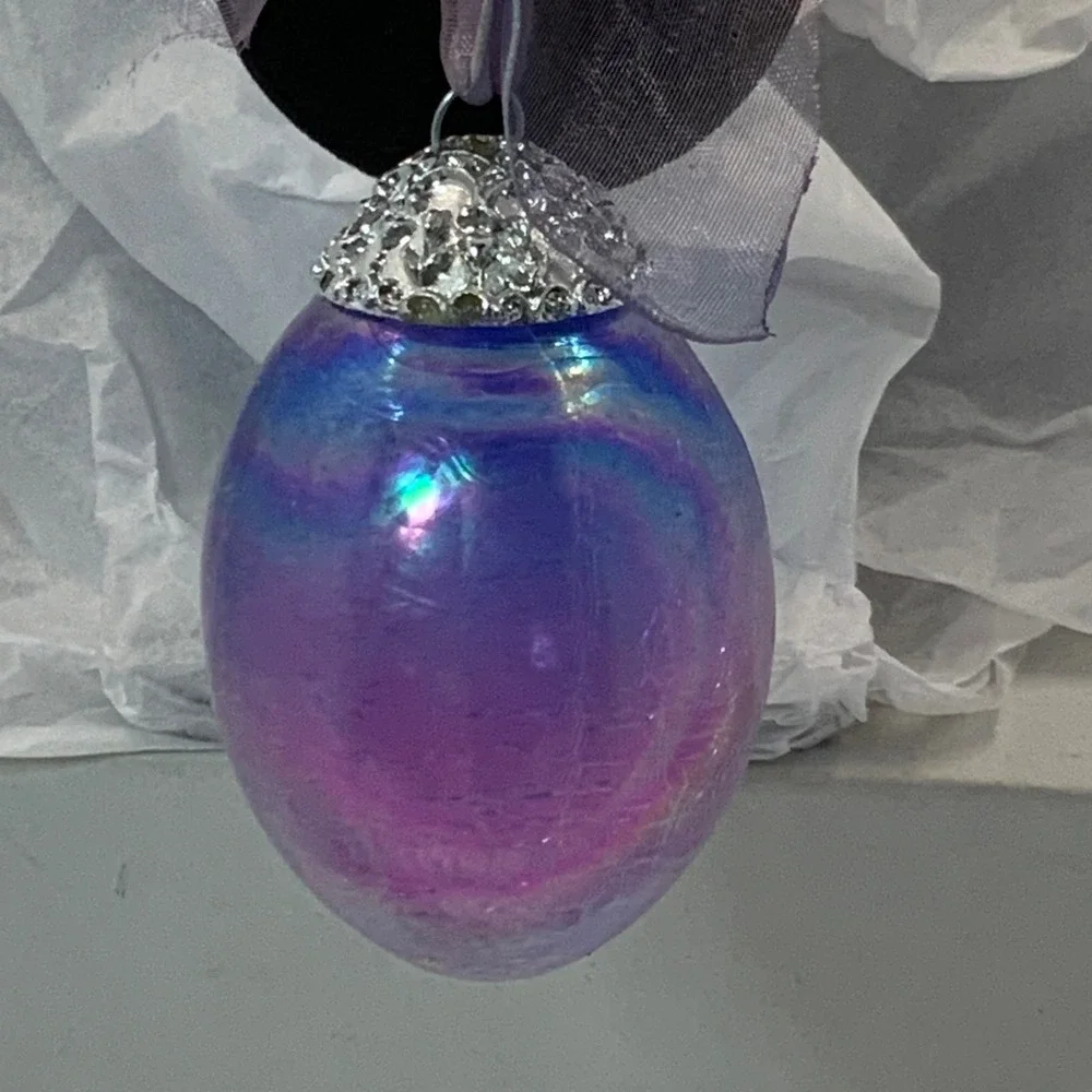 Iridescent Purple‎ Glass Egg Ornament Decorative Cap Organza Bow Easter Holiday